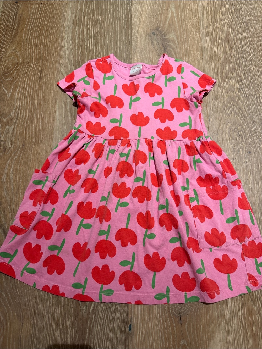 Hanna Andersson Girls Pink Floral Cotton Dress with Red Tulip Print